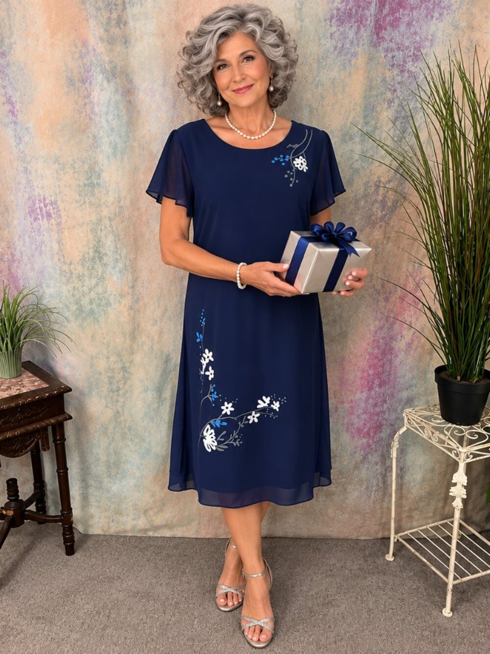 📌Index Celine Blue & White Floral Design Overlay Short Sleeves Dress